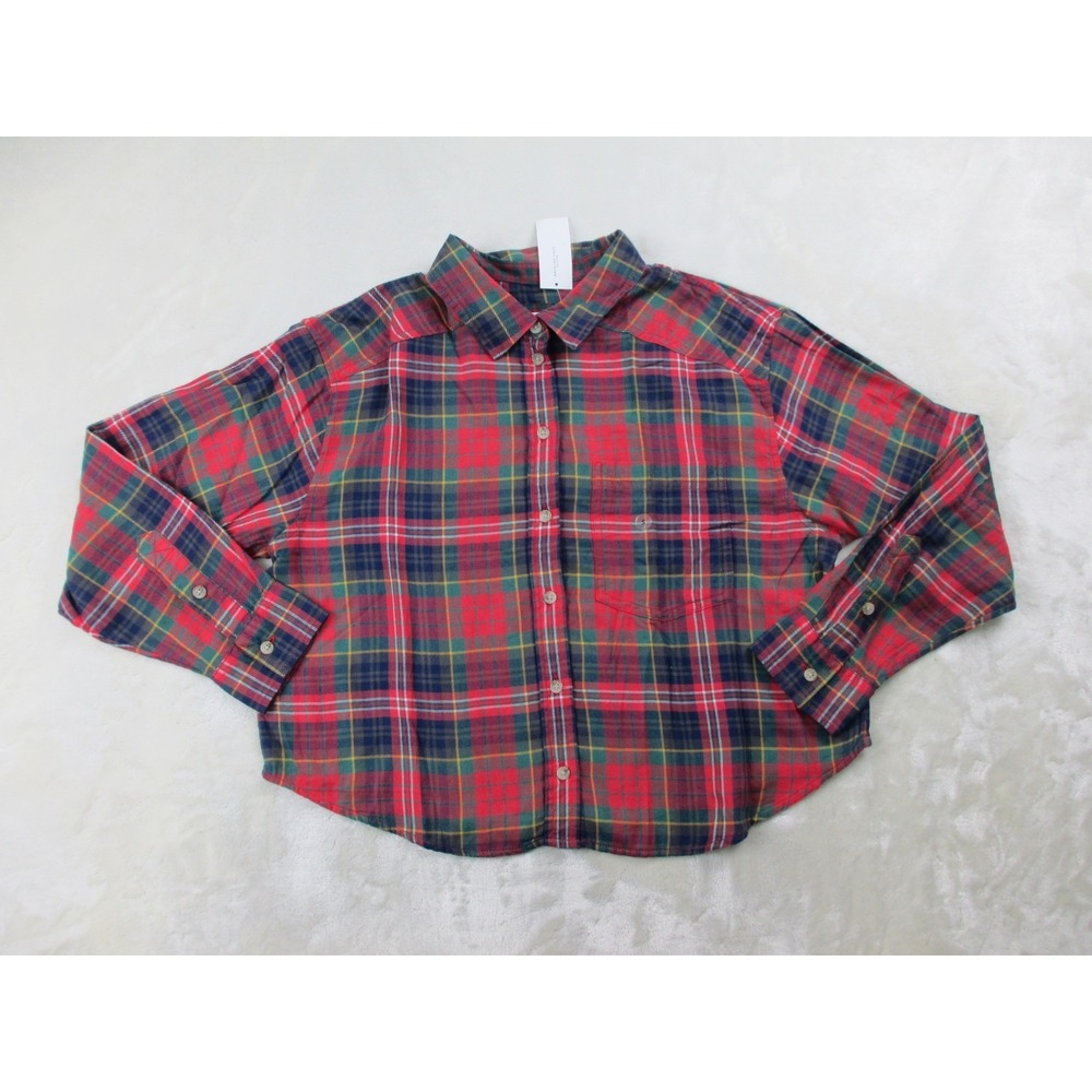 NEW American Eagle Shirt Womens Small Red Plaid Button Up Long Sleeve Crop Top*